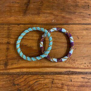 Nepal Glass Beaded Crochet Bangle Bracelets Sashka Co. Boho Hippy Colorful Set 2